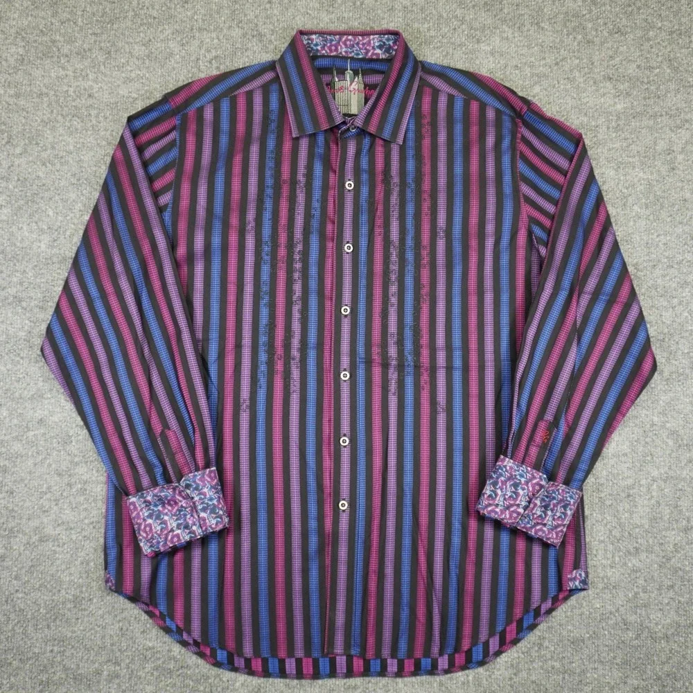 Robert Graham Button Up Shirt Mens XL Purple Blue Striped Flip Cuff Multicolor - Picture 2 of 15